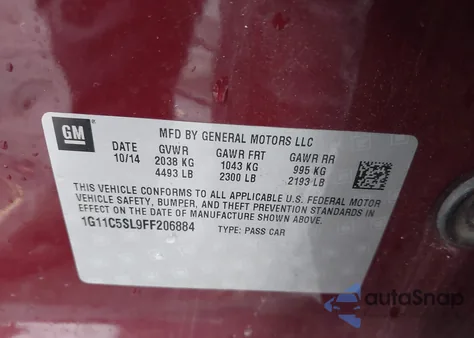 2015 Chevrolet Malibu 1Lt из США, поврежденный, VIN 1G11C5SL9FF206884